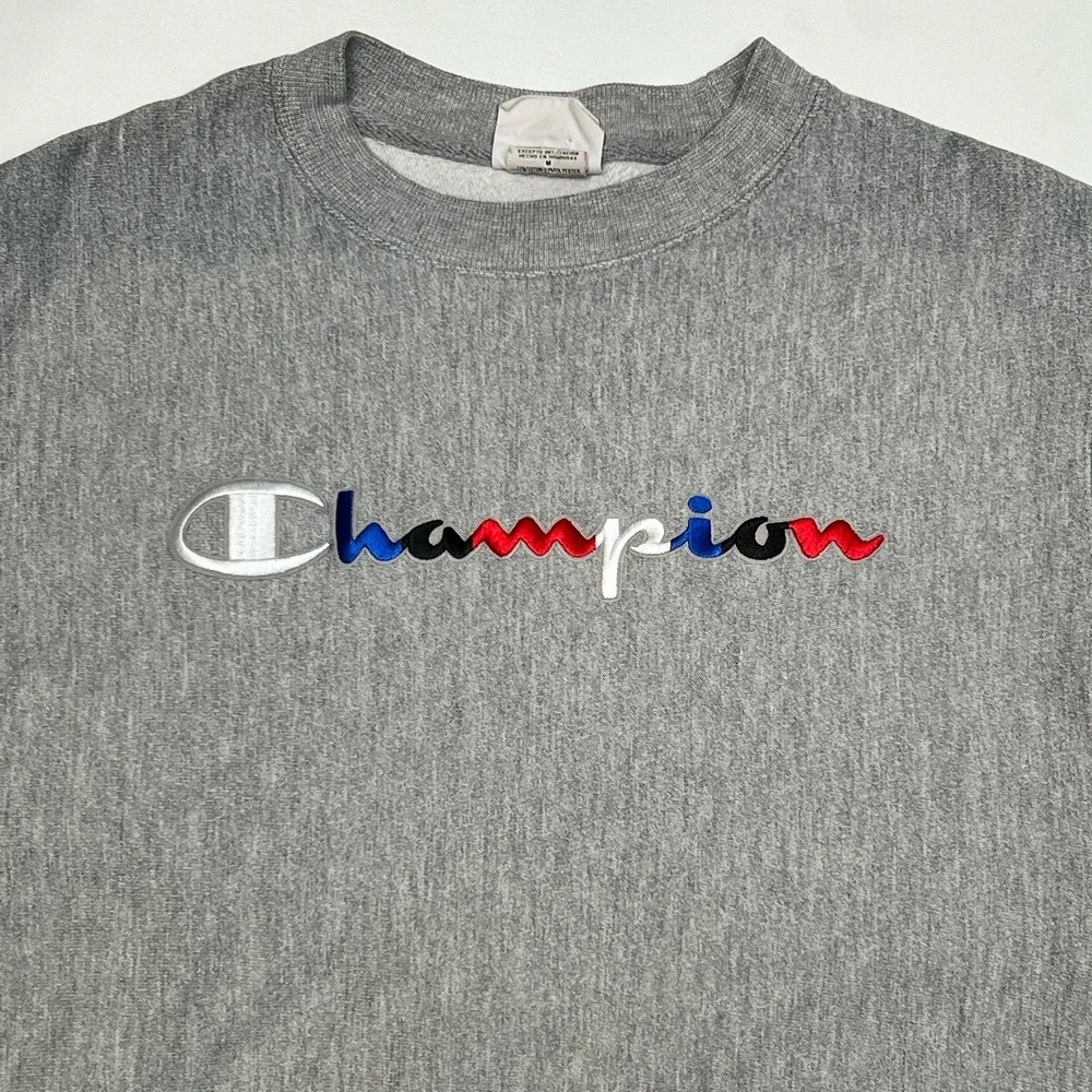 CHAMPION Reverse Weave Medium Gray Pullover Sweatshirt Embroidered Logo Y2K